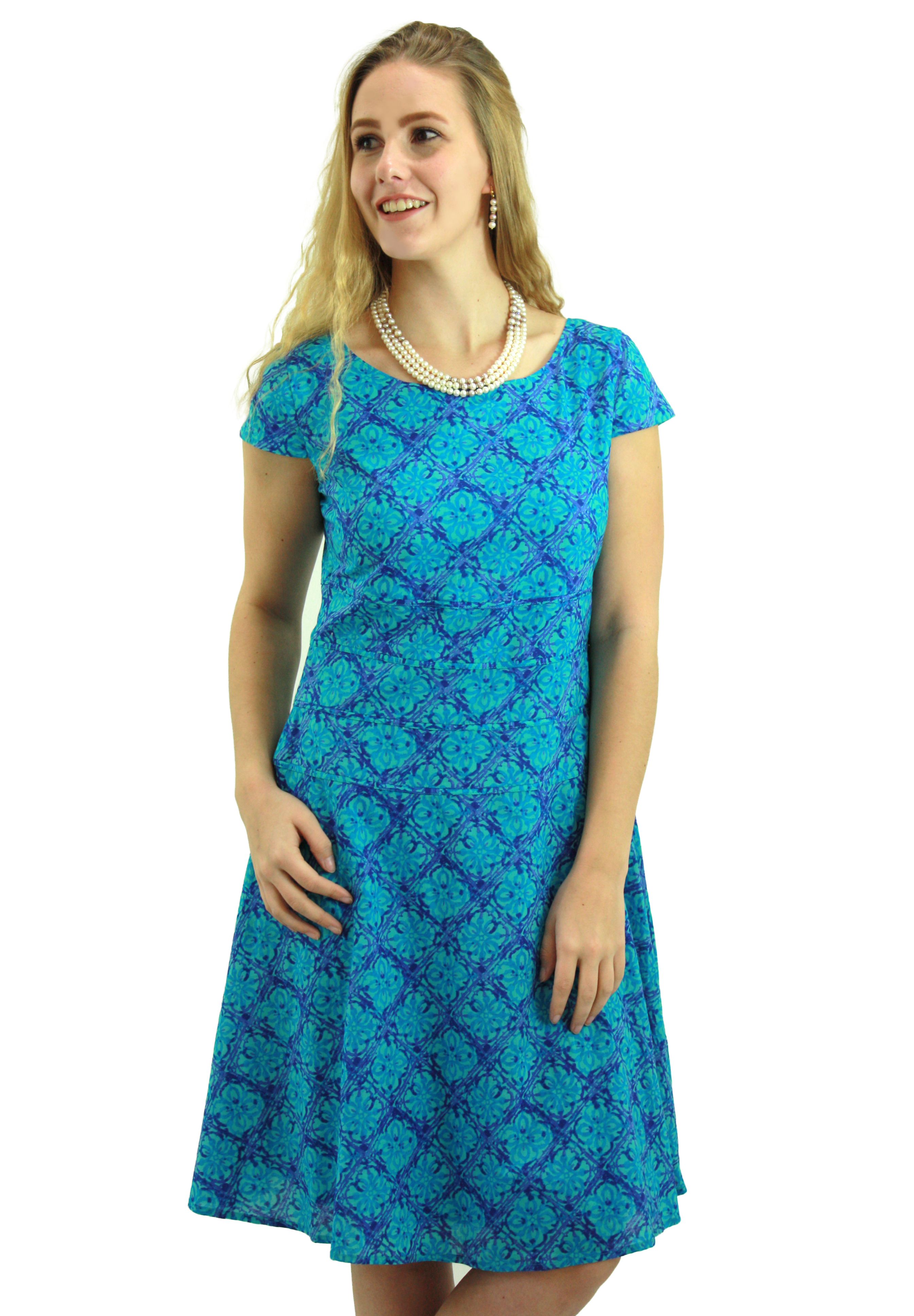 Turquoise Blue Tile Print Casual Dress DRHN015