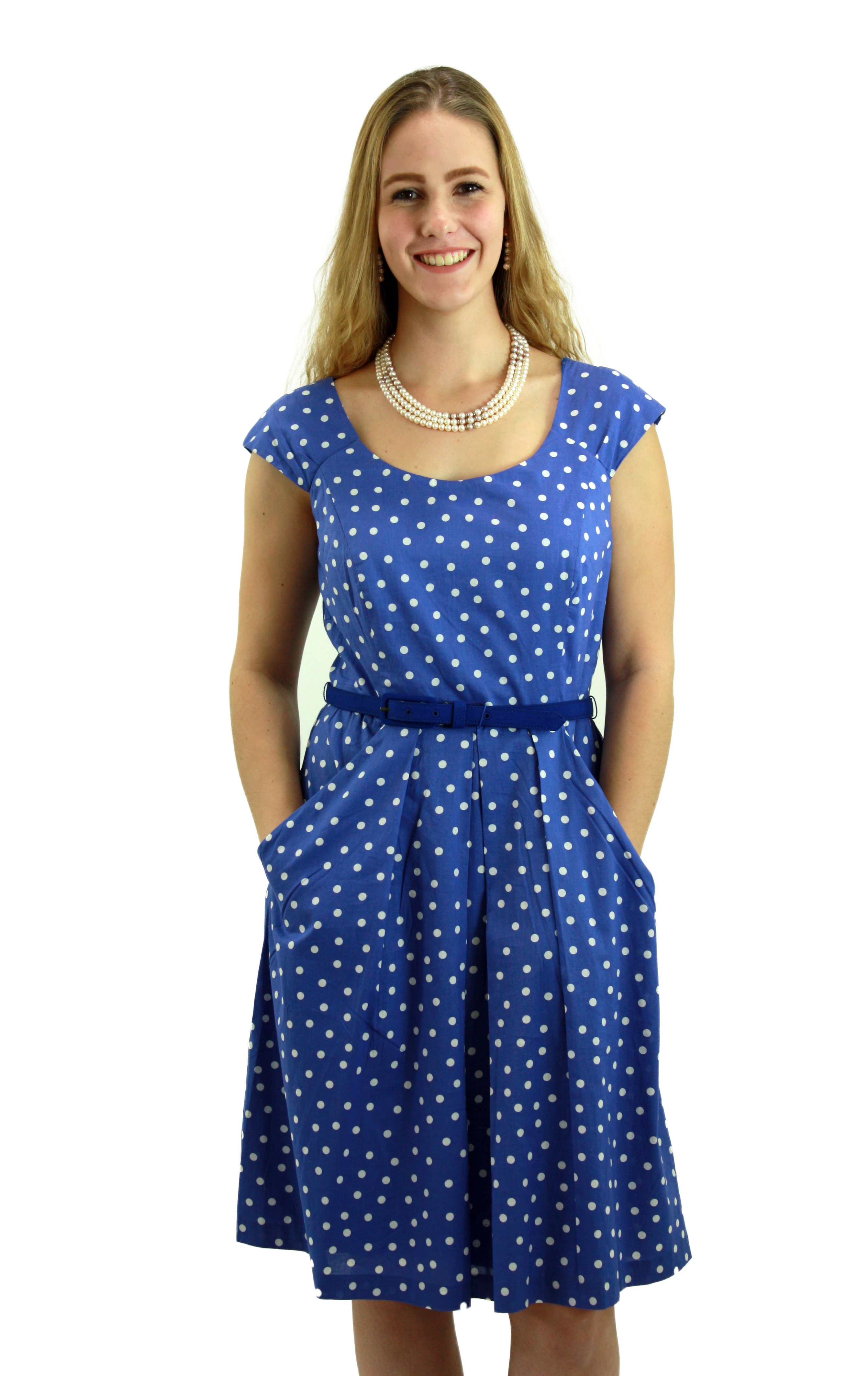 Lavender Blue polka dotted Fit and Flare Dress with Belt DRLN014