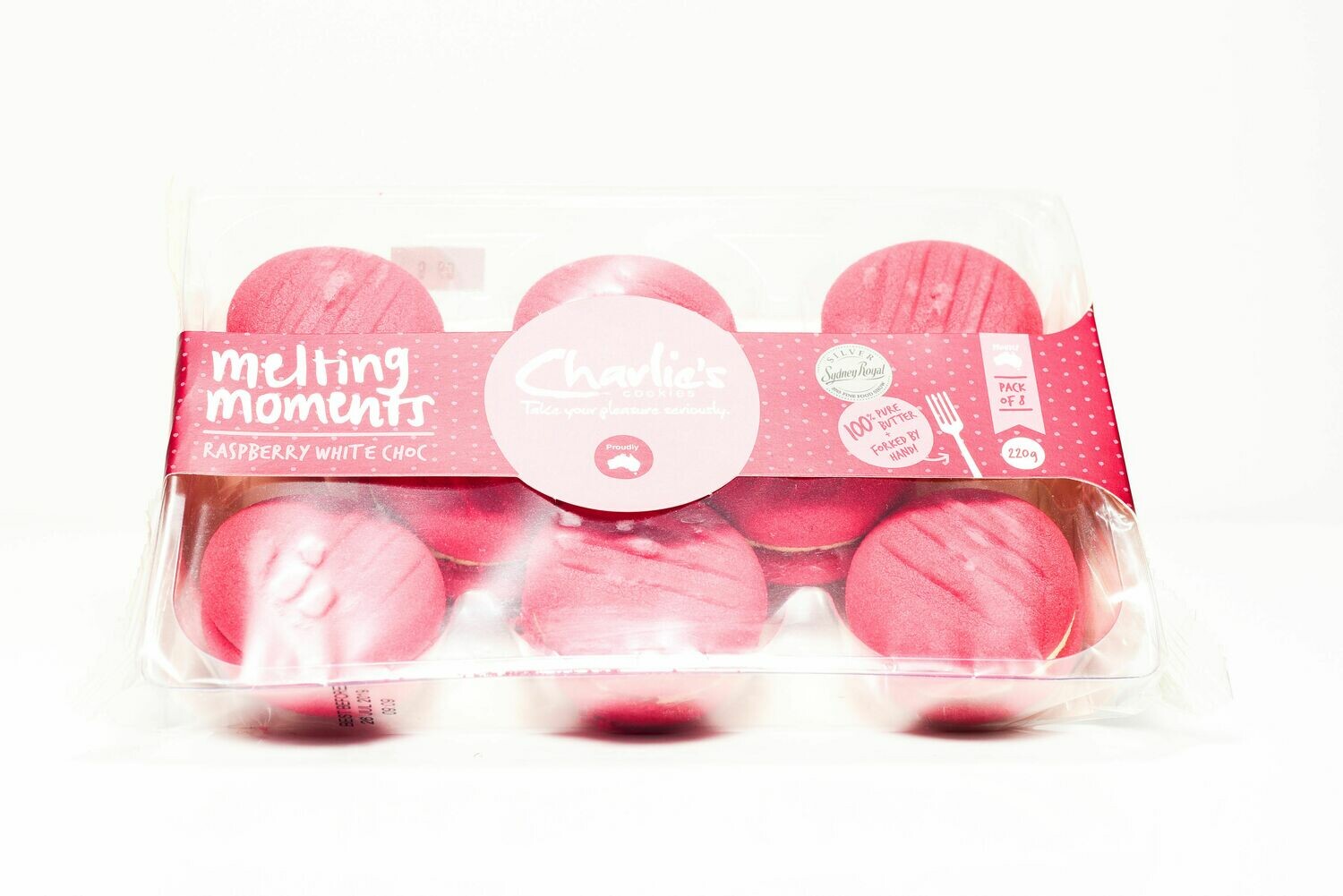 Charlie's Raspberry White Choc Melting Moments 220g