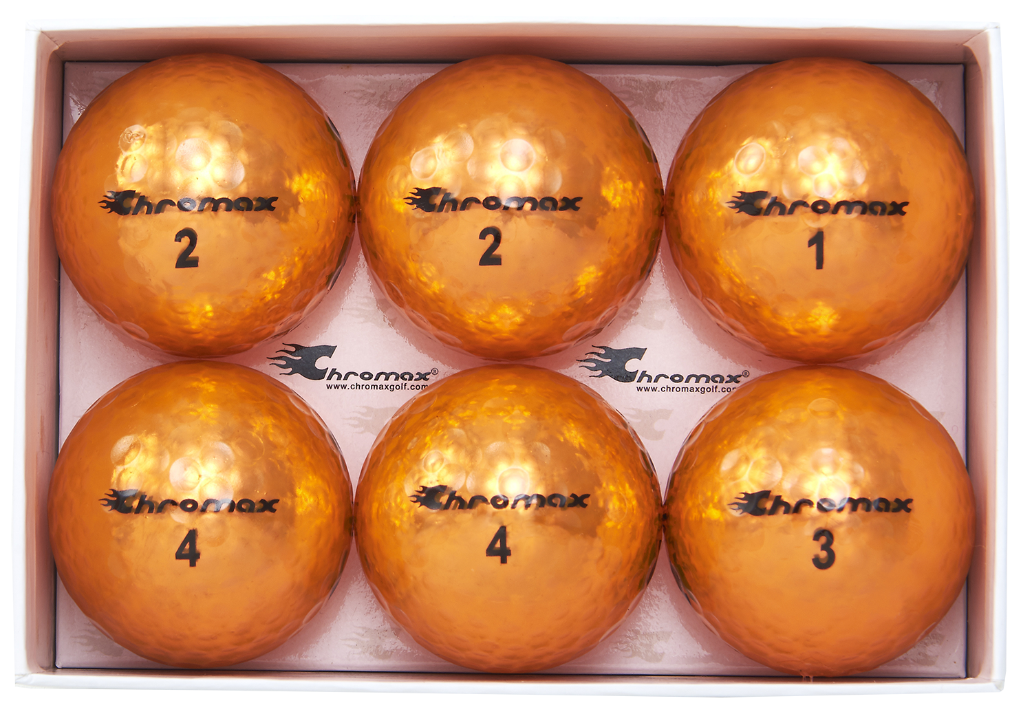 Chromax orange golf ball M5 6-pack open