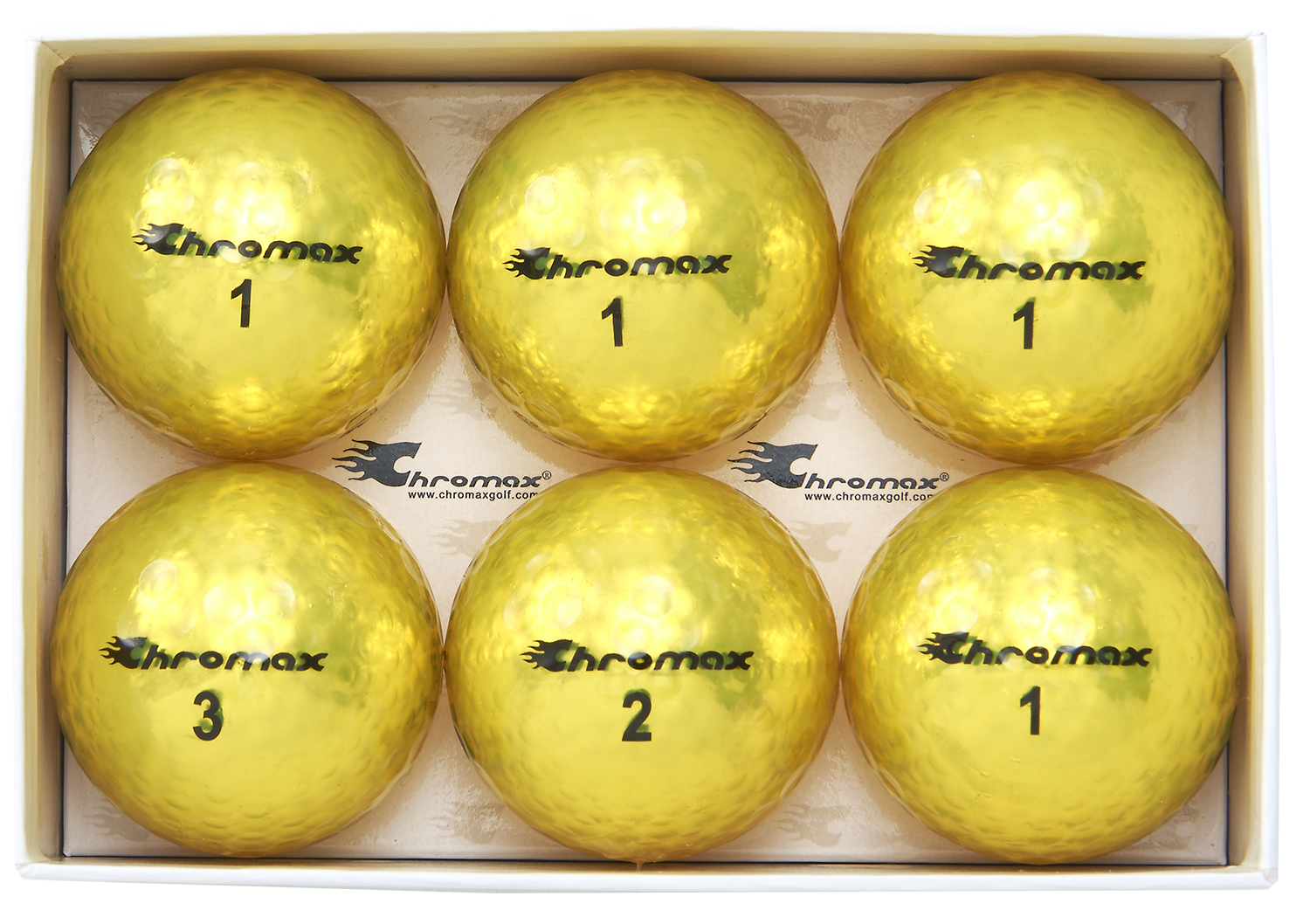 Chromax yellow golf ball M5 6 pack open