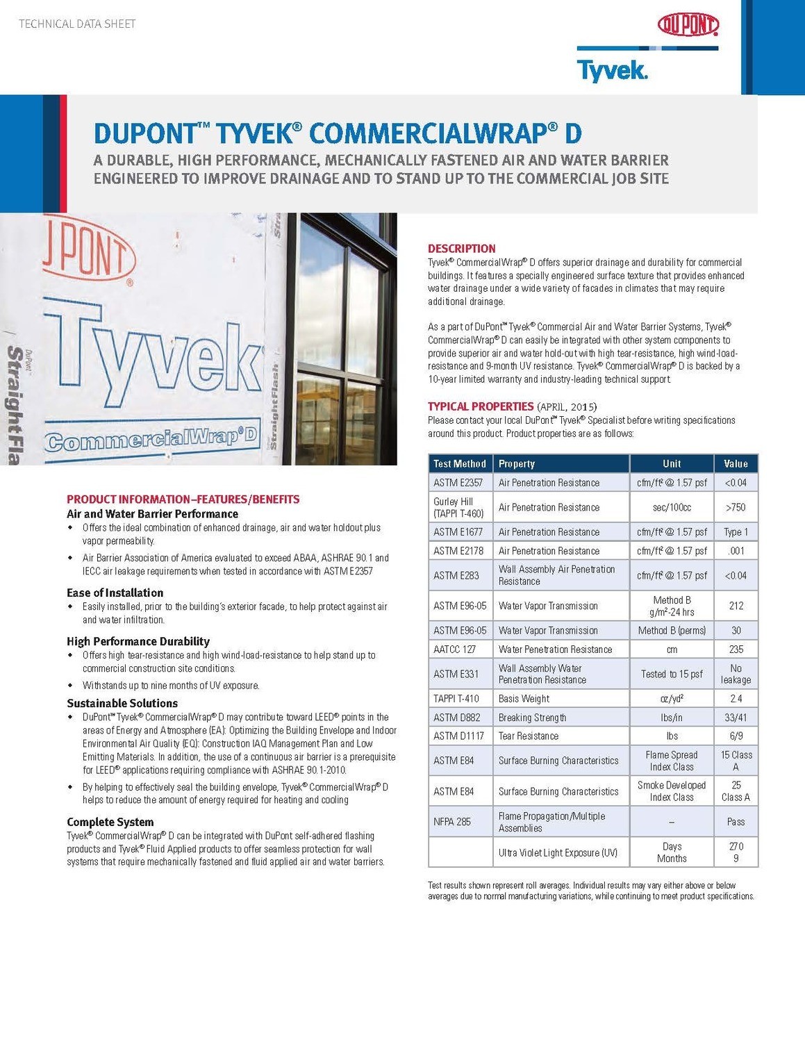 K27288 DuPont Tyvek CommercialWrap D Technical Data Sheet (Rev 5/15 ...