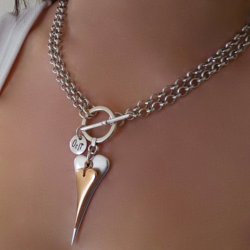 Orli Pointed Heart and Mini Heart Chunky Two Tone Double Necklace Orli Pointed Heart and Mini Heart Chunky Two Tone Double Necklace