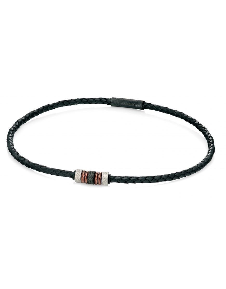 Fred Bennett Stainless Steel Black and Rose Gold Leather Woven Necklace Fred Bennett Stainless Steel Black and Rose Gold Leather Woven Necklace