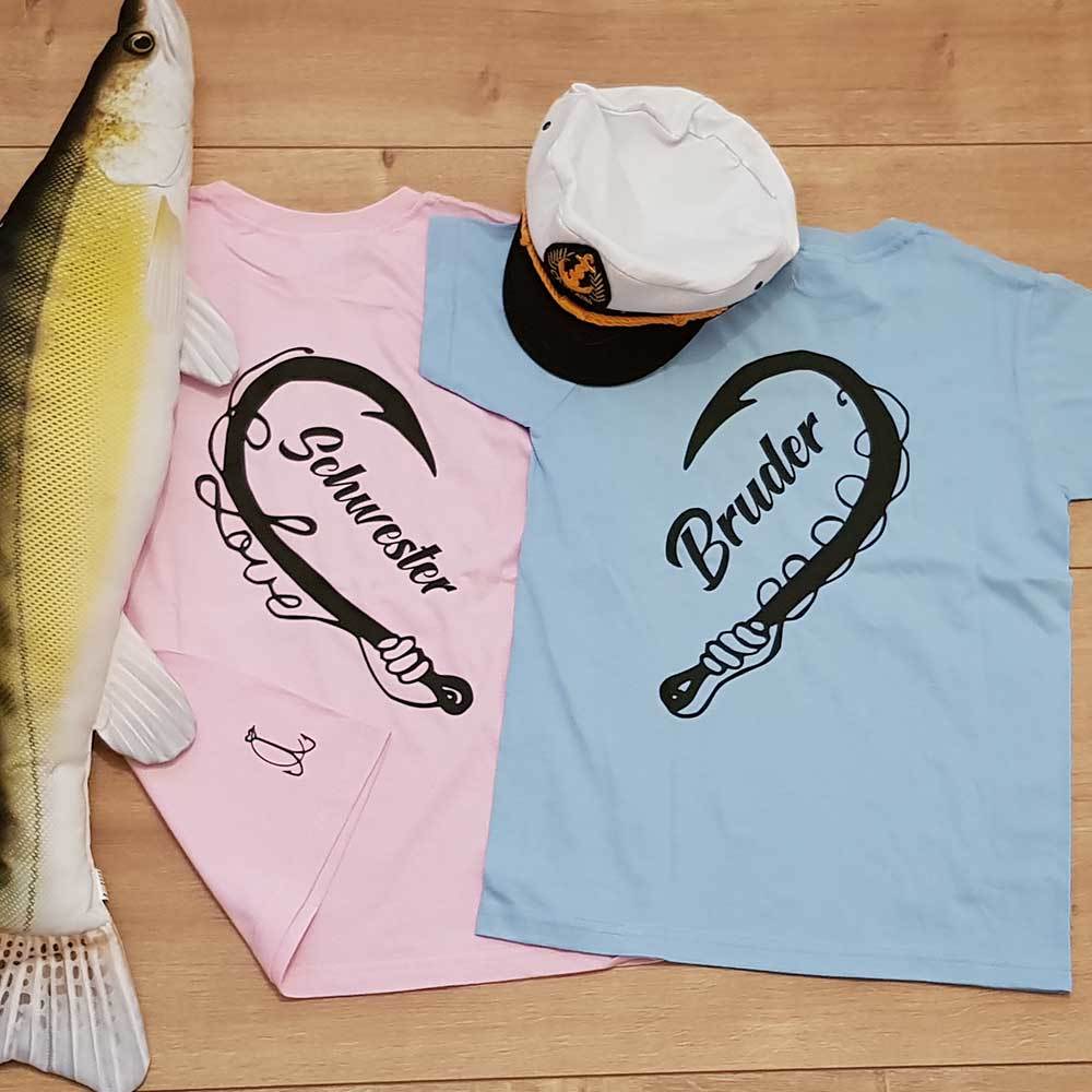"Anglerin & Angler / Schwester & Bruder" T-Shirt Partnerset (Kindergröße 90 bis XXXL) M1-AA 83002