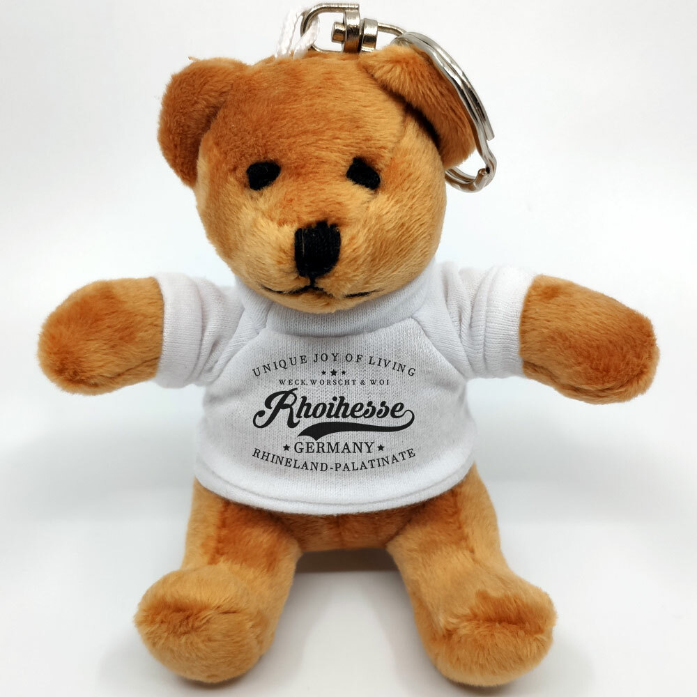 "Weck, Worscht & Woi! Rhoihesse" Mini-Teddybär mit Schlüsselring M1-RHL 70110