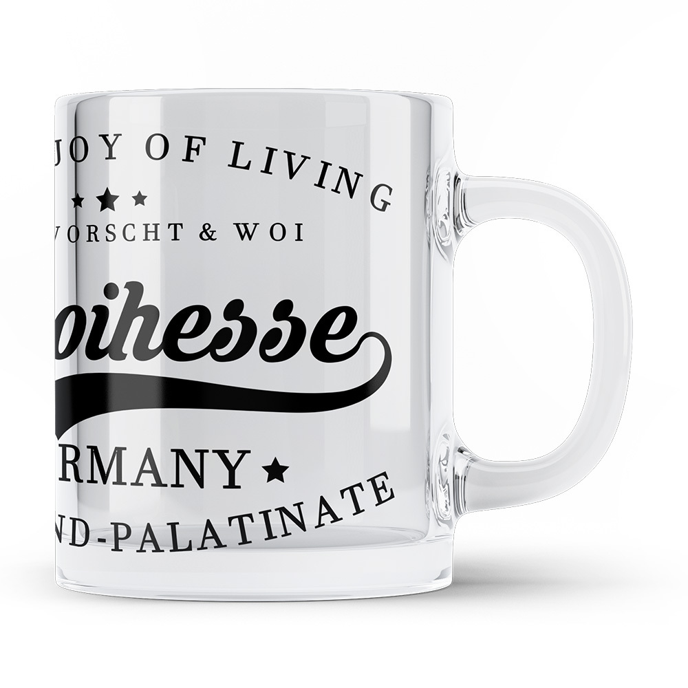 "Weck, Worscht & Woi - Rhoihesse" Glastasse