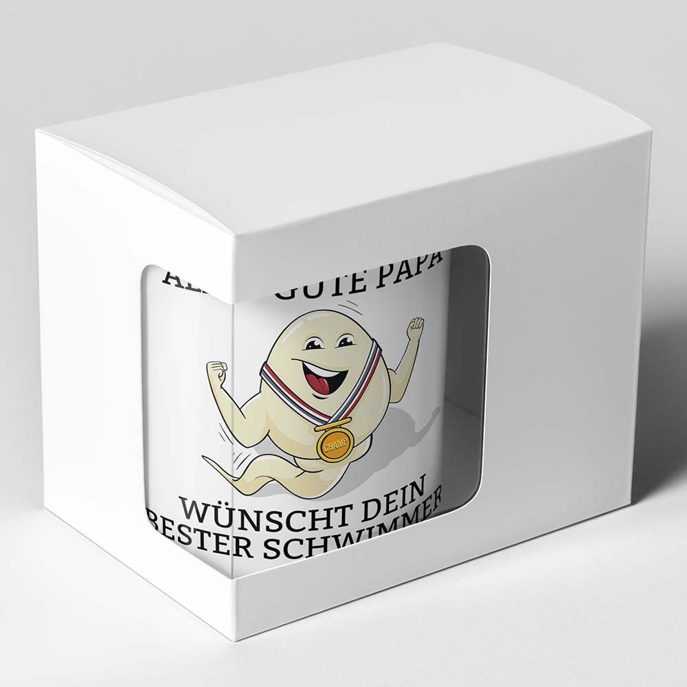 "Alles Gute Papa wünscht dein bester Schwimmer" Spermium Tasse (Variante: Blauer Henkel)