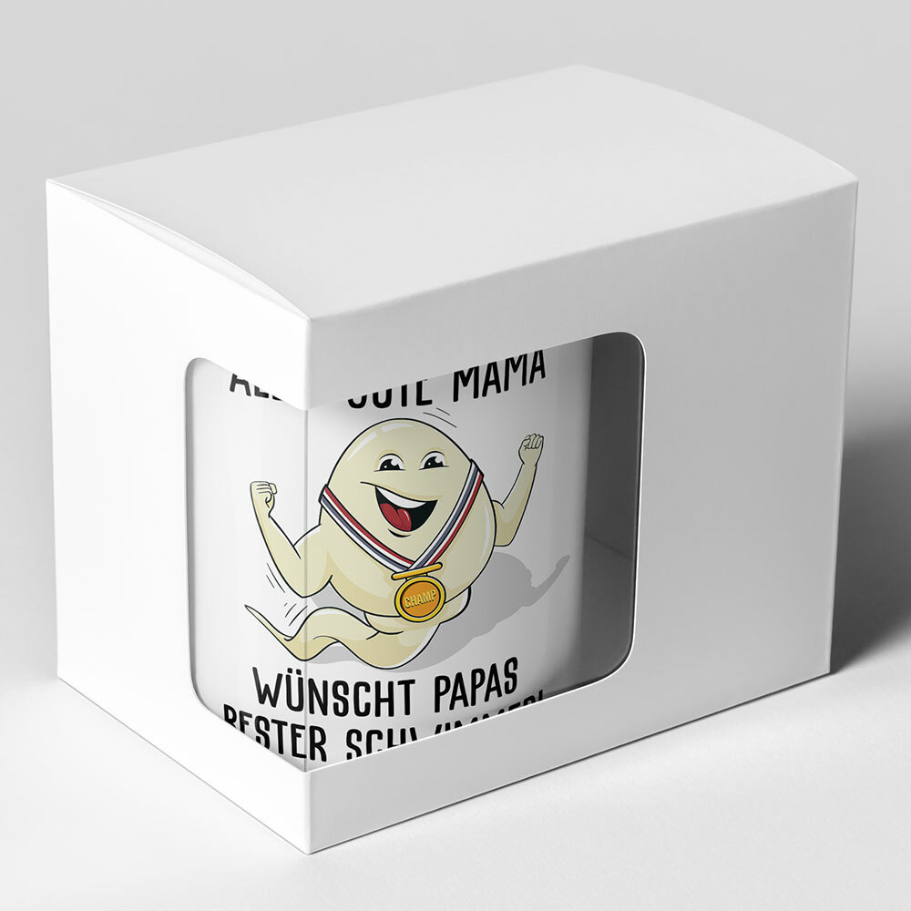 "Alles Gute Mama wünscht Papas bester Schwimmer" Spermium Tasse (Variante: Blauer Henkel)