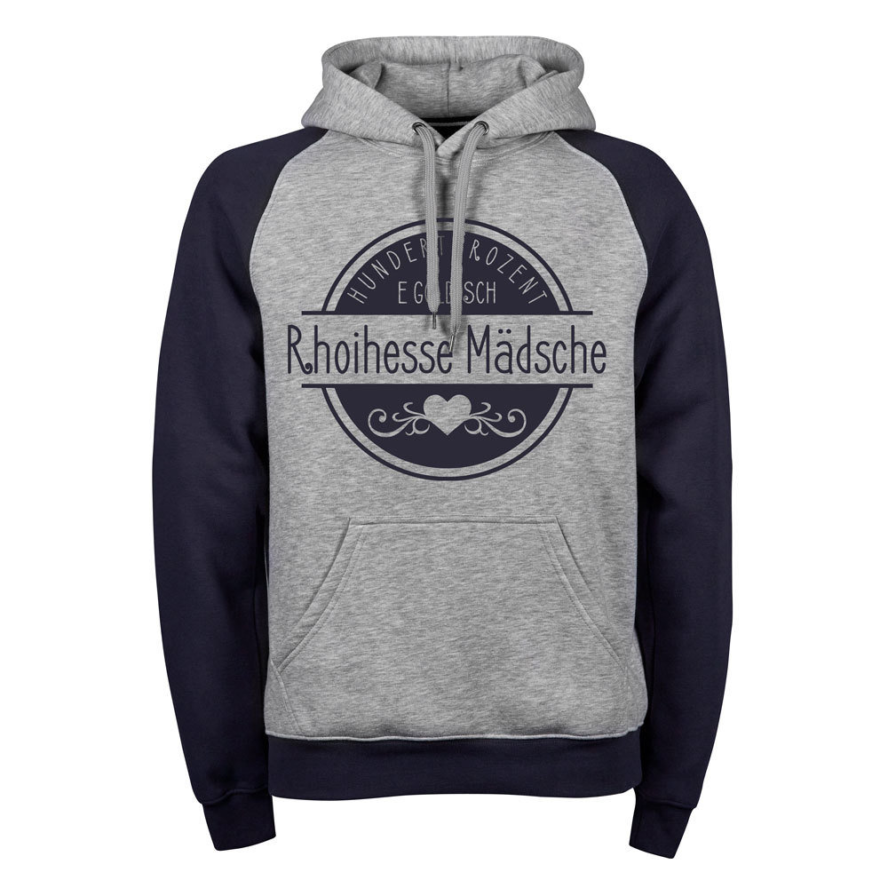 "Hundert Prozent e goldisch Rhoihesse Mädsche" (Premium Two-Tone Hoody) M1 -RHL 83536