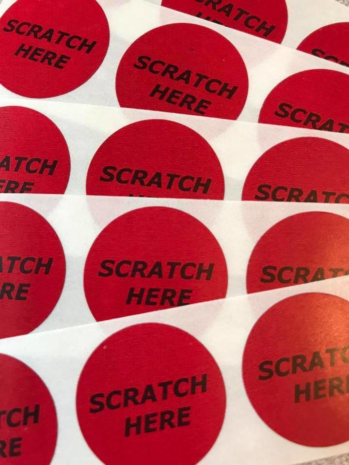 Red "Scratch here" Scratch Off stickers 00095